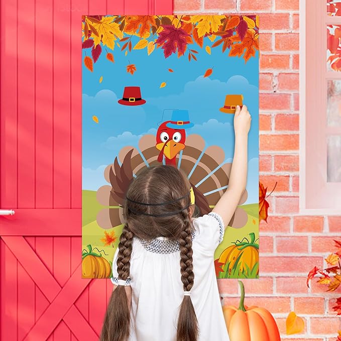 Hooqict Thanksgiving Games for Kids Party Pin The Hat on The Turkey Games Thanksgiving Activities Fall Autumn Party Decorations, Large Pin The Tail Game Poster with 36 Hat Stickers