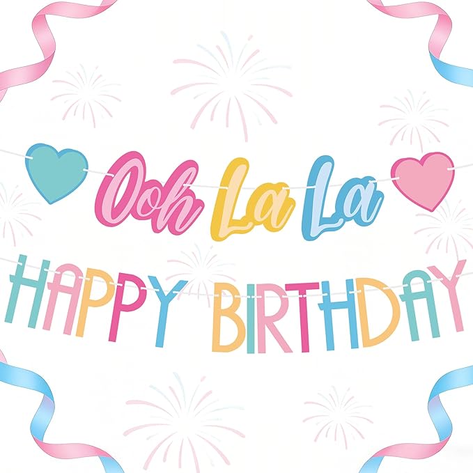 2PCS Ooh La La Birthday Banner, Colorful Fancy Pre-Strung Garland, Fancy Party Decorations for Birthday, Tea Party, Baby Shower Supplies