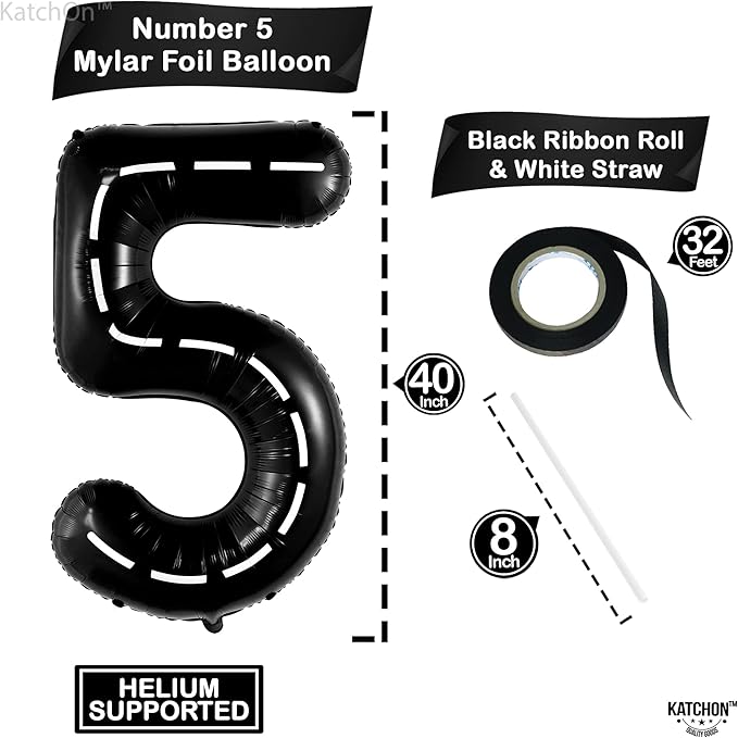 KatchOn, Number 5 Race Car Black Balloon - Giant 40 Inch, Party Supplies, Hotwheel Birthday Decorations, Unisex, All Ages, 3 Pieces