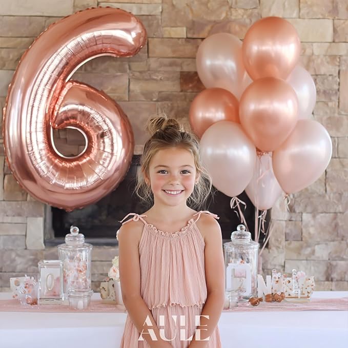 AULE 40 Inch Big Rose Gold 6 Balloon Number Large Foil Helium Number Balloons 0-9 Jumbo Giant Happy 6th Birthday Party Decorations for Boy or Girl Huge Mylar Anniversary Party Supplies