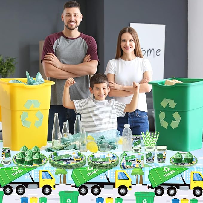 Trash Truck Birthday Party Decoration - Garbage Truck Birthday Party Tableware Supplies Includes Plates, Cups, Napkins, Tablecloth, Straws (40)