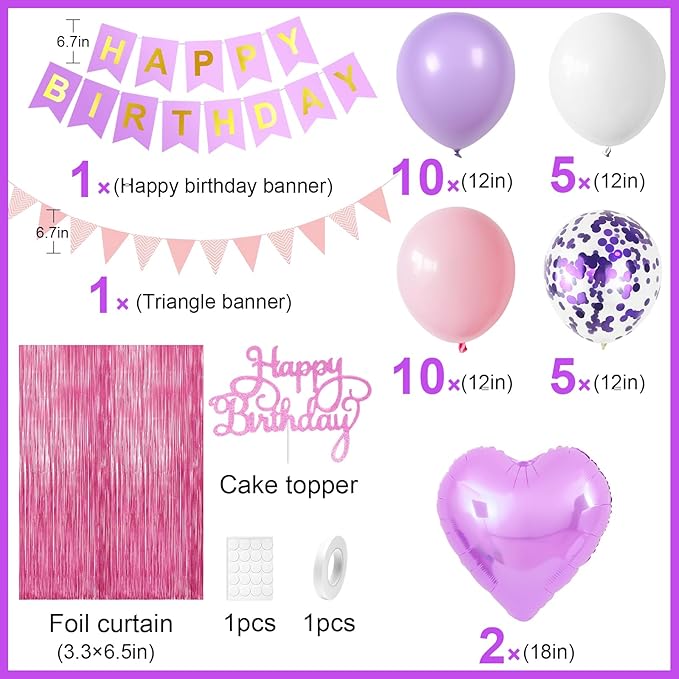 Pink Purple Birthday Decorations for Girls,Happy Birthday Party Decorations for Women,Pink Fringe Curtain Happy Birthday Banner Confetti Balloons Purple Heart Foil Balloons for Birthday Princess Party