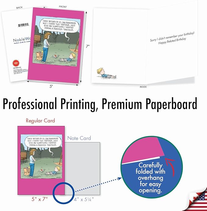 NobleWorks - 1 Humor Belated Birthday Card with Envelope - Funny Cartoons for Birthday Greetings, Celebration Notecard - Tantrum C8878BEG