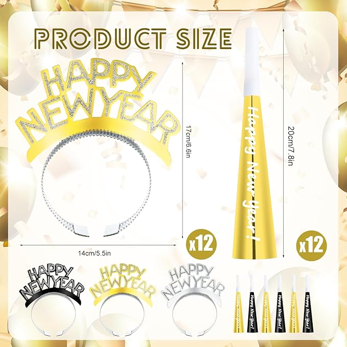 Shappy 24 Pcs 2026 New Year Party Supplies Happy New Year Headband Horn Sounder Noisemakers Eve Party Decorations