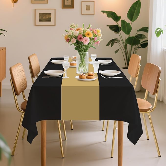 6 Pack Premium Disposable Plastic Tablecloth 54" x 108" Party Table Cloths Disposable for 6 to 8 Foot Tables Indoor or Outdoor Birthdays Weddings Christmas Anniversary Buffet Table (Black and Gold)