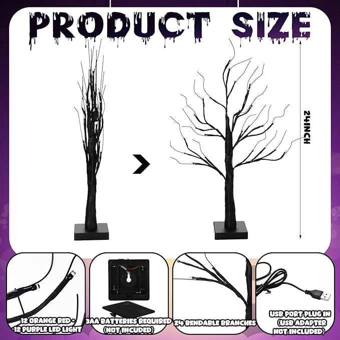 Ganeen 2 Pcs Halloween Decorations Indoor 24 Inch/2 ft Lighted Orange and Purple Birches Tree with Timer 48 LED Lights Willow Battery Operated Artificial Black Tabletop Spooky Tree for Home and Party
