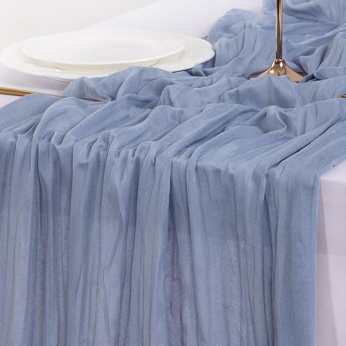 Socomi 3pcs Dusty Blue Easter Spring Cheesecloth Table Runner Boho Rustic Gauze 120 inch 10FT Cheese Cloth Runner for Wedding Party Baby Shower Birthday Home Decor Holiday Decorations