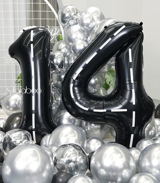 Race Car 40Inch Black 14 Balloon Number Large Helium Race Track 0-9 Giant Digital 14th Foil Mylar Big Party Number Balloons for Boy Birthday Car Theme Party Anniversary Graduation Decorations
