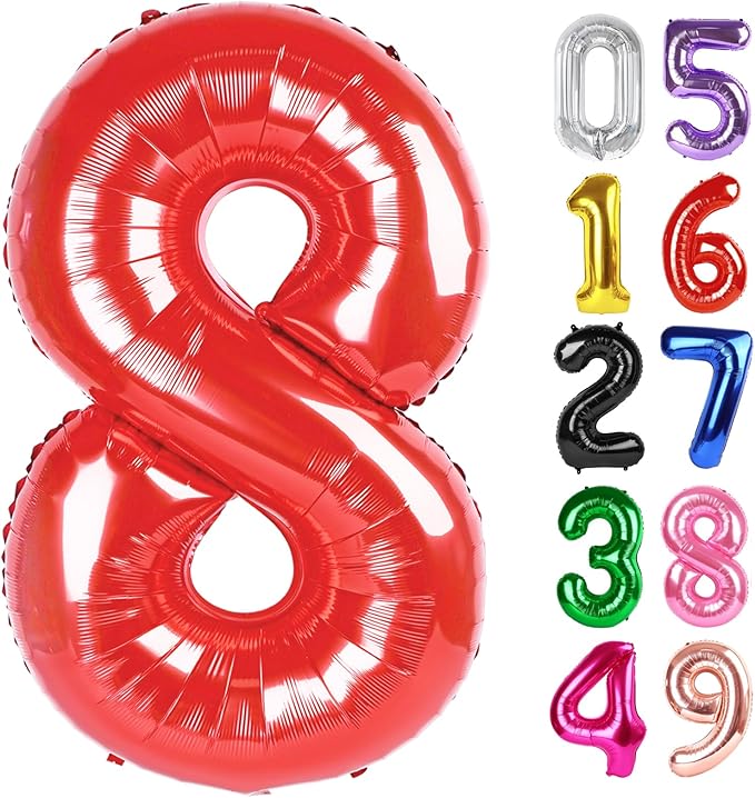 Red Number 8 Balloon 40 Inch, 8th Birthday Party Decorations for Children, Giant 8 Foil Balloon for Party Supplies