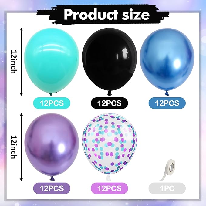 60 Pcs Black Purple Blue Balloons, Metallic Blue Purple Black Teal Confetti Latex Party Helium Balloons for Kids Boys Video Game Baby Shower Gaming Engagement Graduation Birthday Party Decorations
