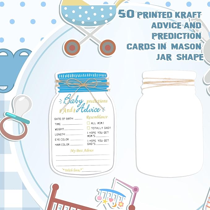 Lincia 50 Pcs Baby Shower Prediction and Advice Cards Blue Mason Jar Baby Prediction Cards for Girl or Boy Gender Reveal Decorations Gender Neutral Decor Activity Games Keepsake for New Parents