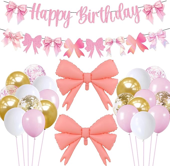 Bow Happy Birthday Banner Set Birthday Decoration Bow Balloon Confetti Latex Balloon Bow Theme Birthday Party Decoration Supplies
