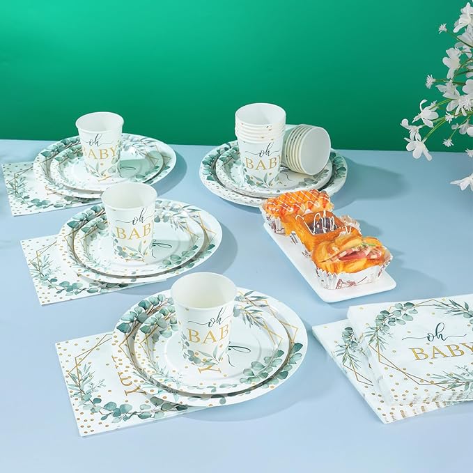 140PCS Sage Green Baby Shower Decorations for Boy, Baby Shower Plates and Cups and Napkins Sets Serves 20, for Eucalyptus Boho Boy Neutral