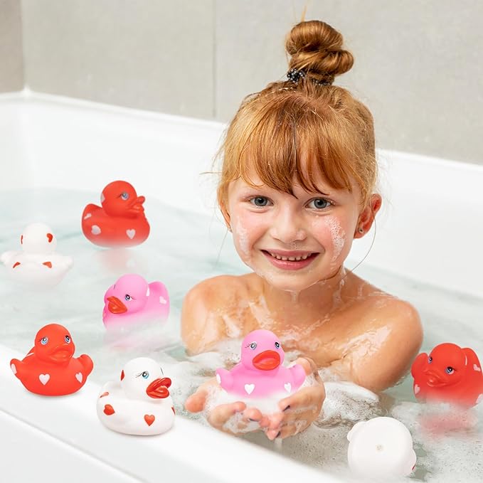 20pcs Rubber Ducks with Cards Gift Valentines Day Party Favors Small 2.36” Assorted Pink Red White Squeaky Duckies in Bulk with Love Heart Cards Treats Giveaways for Kids Cupcake Topper