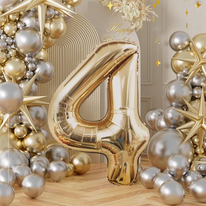 AULE 40 Inch Large 4 Balloon Numbers Light Gold, Big Foil Number Balloons, Giant Helium Happy Birthday Party Decorations for Man and Women, Huge Mylar Anniversary Party Supplies