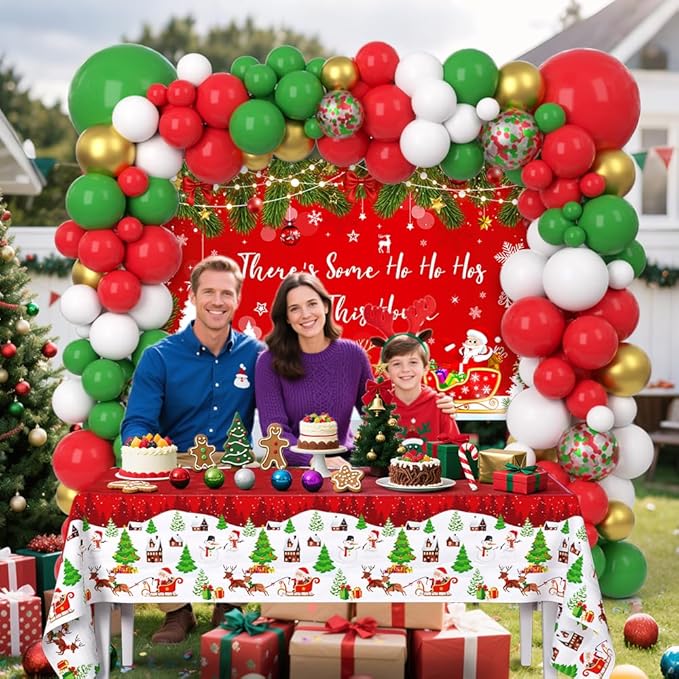 129Pcs There's Some Ho Ho Hos In This House Party Decorations Merry Christmas Balloon Arch Kit Includes Funny Xmas Banner, Xmas Themed Balloons and Tablecloths for Merry Friendsmas Party