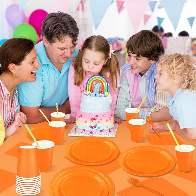 TWOWYHI 229PCS Orange Party Supplies Set Paper Disposable Plates Cups Plastic Spoons Forks Knives Orange Napkins for 30 Guests Disposable Party Dinnerware Sets for Wedding Birthday Parties