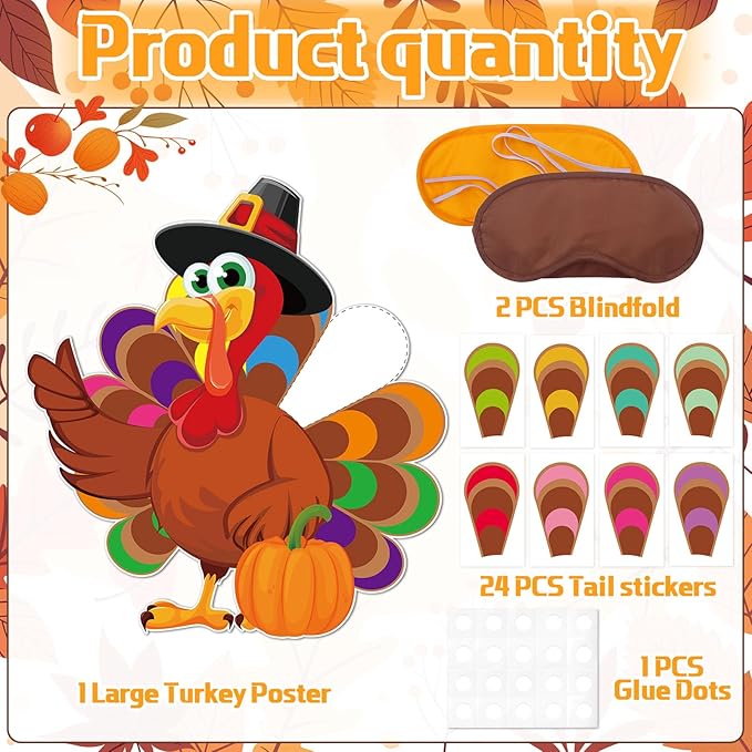 AUGSUN Lare Thanksgiving Party Games for Kids Pin The Tail On The Turkey Game Thanksgiving Game Activities with Blindfolds and Stickers Fall Festival Autumn Party Decorations for Adults Family School