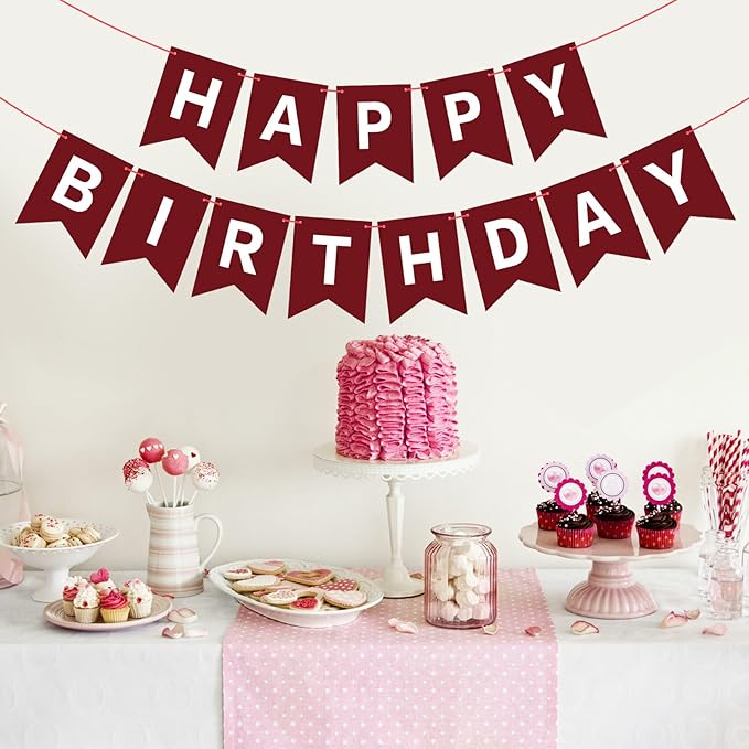 Hooqict Burgundy Happy Birthday Banner Sign for Backdrop Burgundy Birthday Party Decorations for Kids Girls Women Party Banner Wall Porch Door Hanging Garland