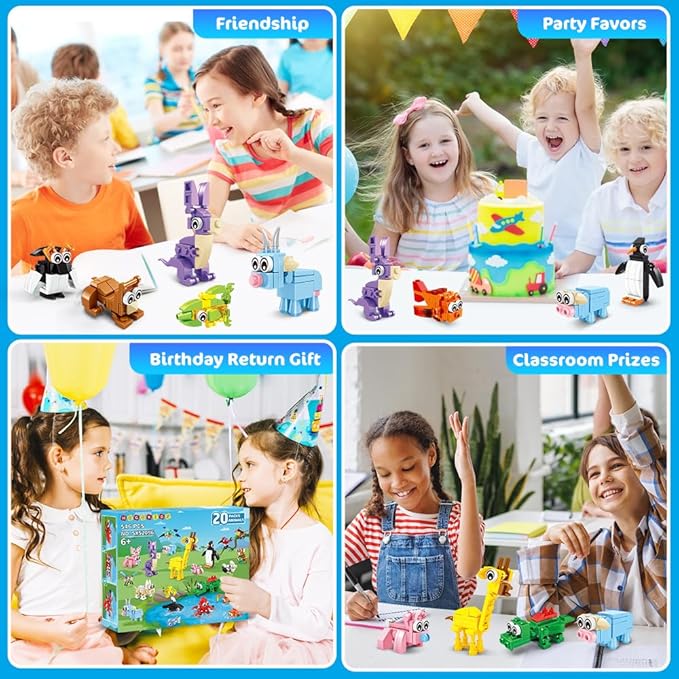 HOGOKIDS 20 Packs Party Favors for Kids, 60 Kinds of Mini Animals Toy Building Block Set for Easter Valentines Day Classroom Prizes Goodie Bag Stuffers Birthday Gifts for Boys Girls Ages 6-12+