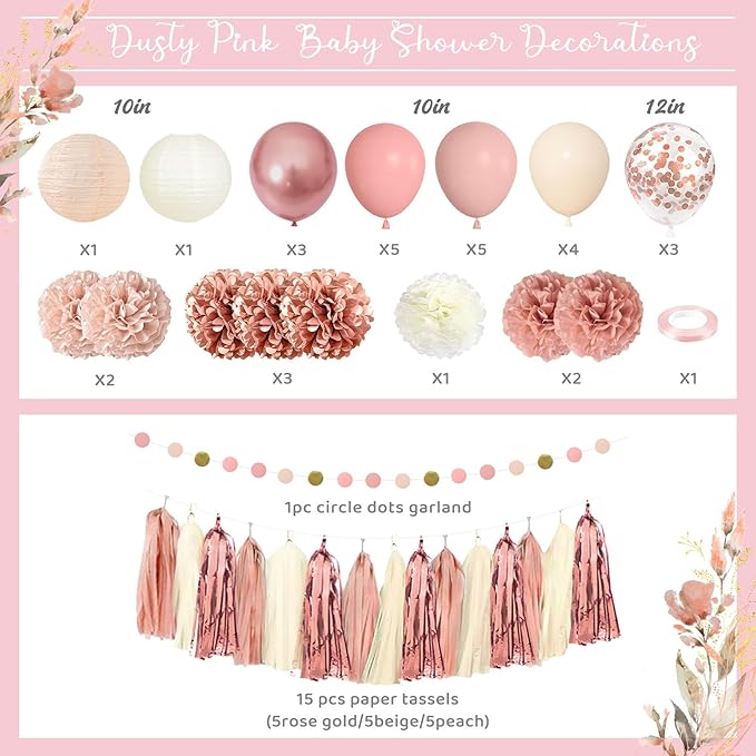 Amandir Dusty Pink Girl Baby Shower Decorations Welcome Baby Banner, Cake Topper, Paper Lanterns, Gold Balloons Pom Poms Flowers Tassels, Circle Dots Star Garland Gender Reveal Birthday Party Supplies