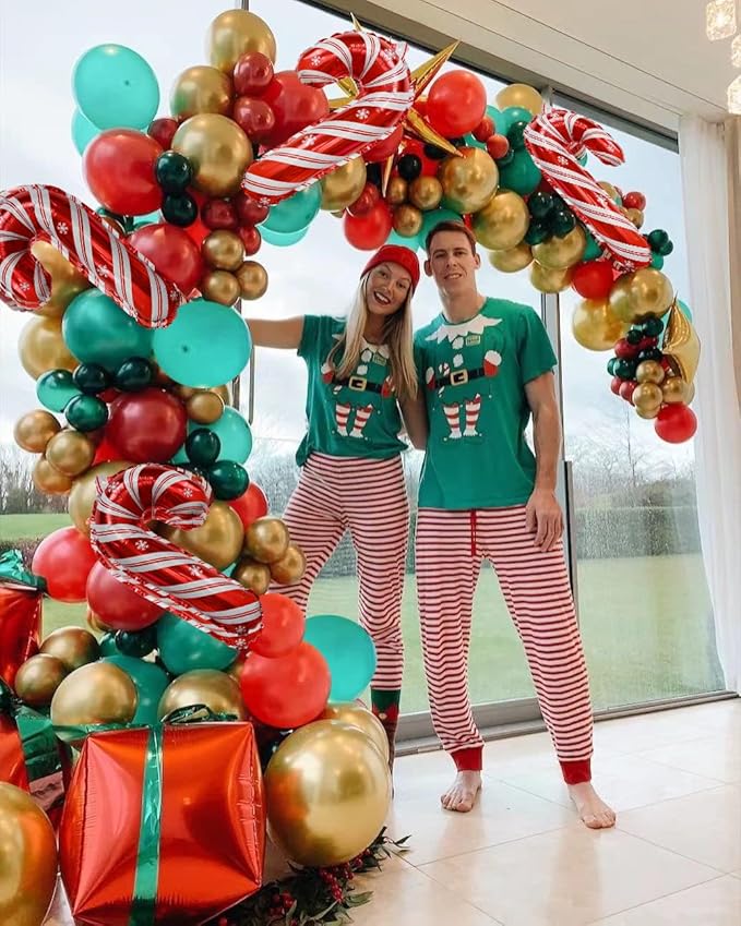 Christmas Balloons Garland Arch Kit, 116 Pcs Gold Red Green Confetti Balloons with Candy Cane Foil Balloon for Christmas Party Decorations Birthday Xmas Party Supplies