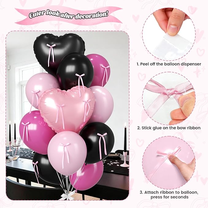 Pink and Black Heart Balloons, 38 Inch Bow Balloons, Black Hot Pink Pastel Balloon with Bow Ribbons for Women Birthday Anniversary Wedding Bridal Baby Shower Valentines Day Decorations