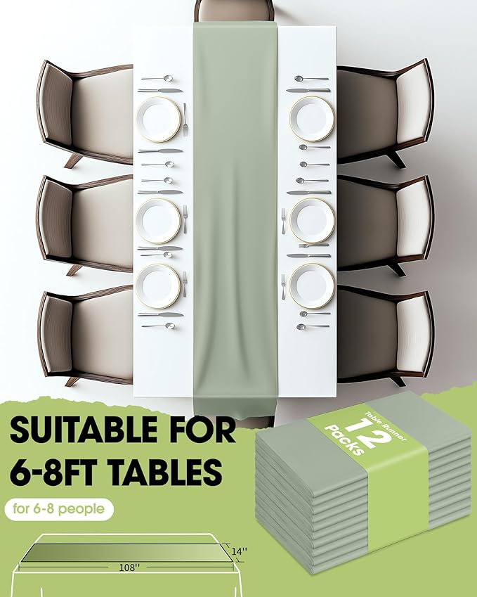 Pureegg Plastic Table Runners Disposable 12 Pack, 14 x 108 Inch Table Runner, Wedding Party, Decorative Table Runner, Rectangle, Light, Pastel Plastic Cover, Leakproof & Sturdy, Sage Green