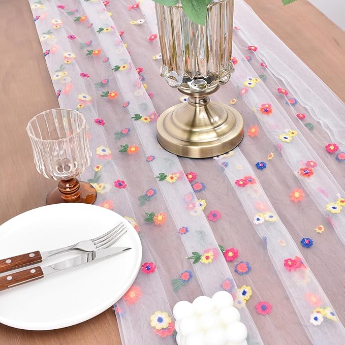 Joanlody Ivory Embroidery Daisy Spring Summer Table Runner 10ft Florals Seasonal Easter Tulle Table Runner Holiday Kitchen Dining Table Decoration for Home Party Indoor