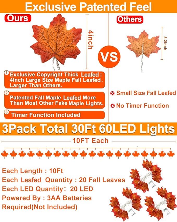 Timer&3 Pack-30Ft Fall Garland Fall Decorations for Home, 60LED Fall Lights Patented Realistic Maples Leaf Garland Battery Operated Waterproof Indoor Outdoor Christmas Thanksgiving Halloween Decor