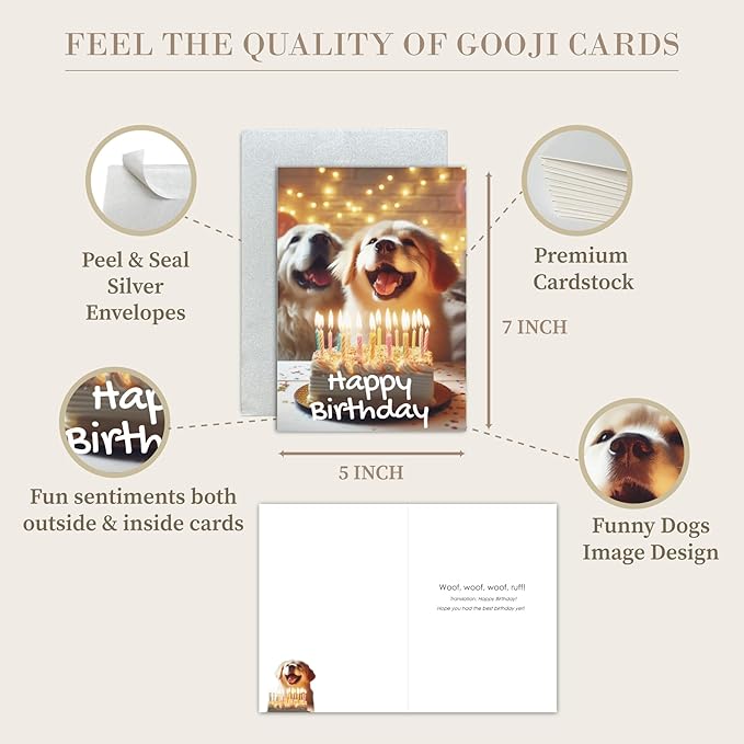 Gooji 5x7 Dogs Birthday Card, Funny Humorous Cute Card for Wife Husband Teenage Young Boy Girl Men Women Adult, Golden (Candles)