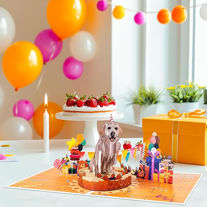 Labrador Dog Pop Up Happy Birthday Greeting Card, ideal love Gift for Adult and Kid with Blank Note & Envelope, Foldable Celebration for Daughter, Son, Mom, Dad, Friend, Children