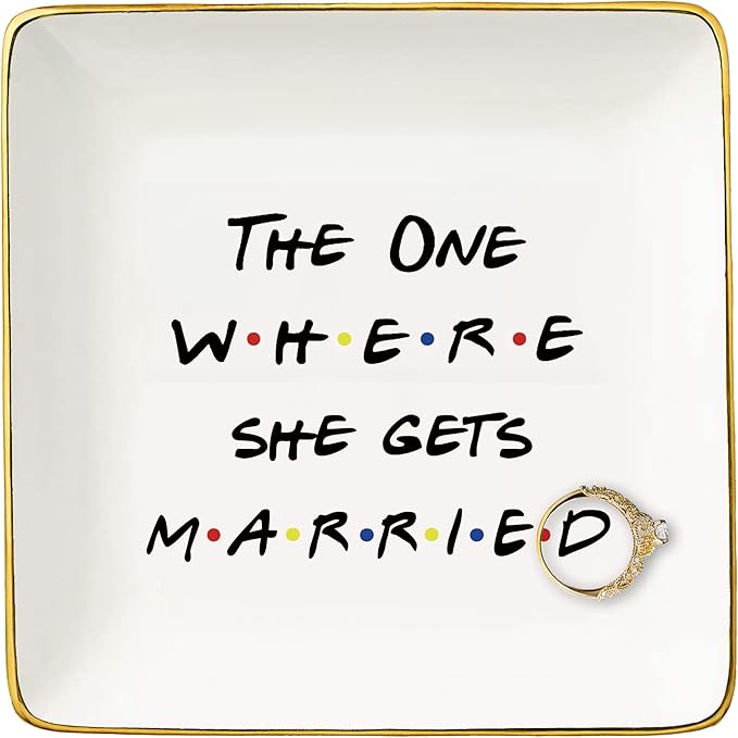 Topthink The One Where She Gets Married-Gift for Women-Engagement-Bride to Be-Newly Engaged-Bridal Shower Gift for Bride-Bachelorette Party Present-Ceramic Jewelry Holder Ring Dish Trinket Tray