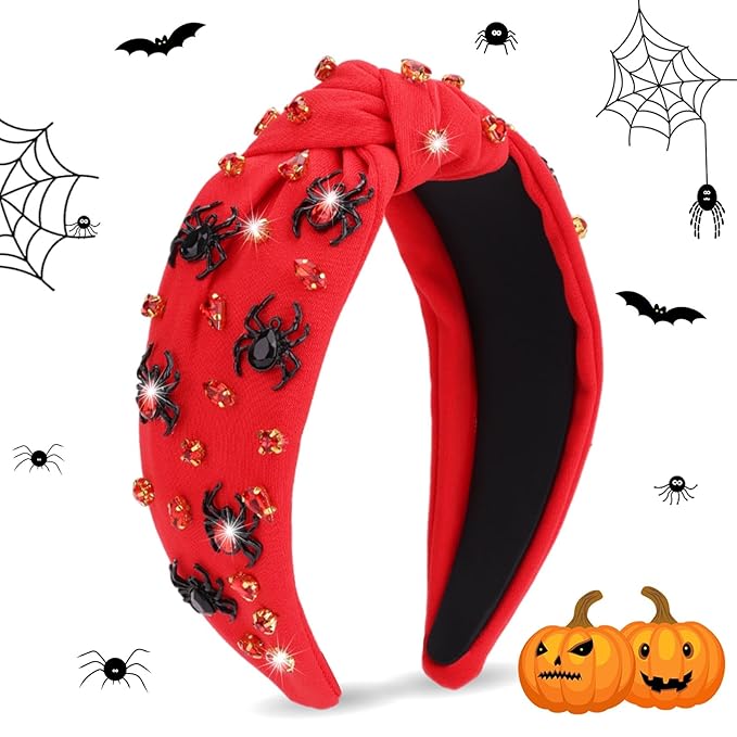 Halloween Headbands for Women, Red Spider Rhinestone Wide Jeweled Knotted Headband, Crystal Beaded Jeweled Top Knot Embellished Headband Hair Accessories Halloween Birthday Gift
