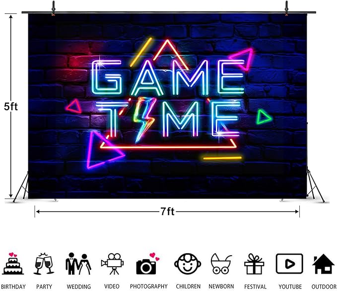 Imirell Neon Gaming Backdrop 7Wx5H Feet Coloful Video Games Gamer Teen Boys Birthday Photography Backgrounds Baby Shower Party Decorations Photo Shoot Playroom Decor Props Fabric