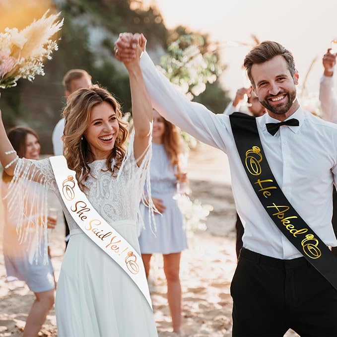 He Asked & She Said Yes Sashes Kit, Funny Rose Gold Bride to Be Sash & Gold Groom to Be Sash for Wedding Engagement Bachelorette Bridal Shower Party Decor Favors Funny Gifts (White and Black)