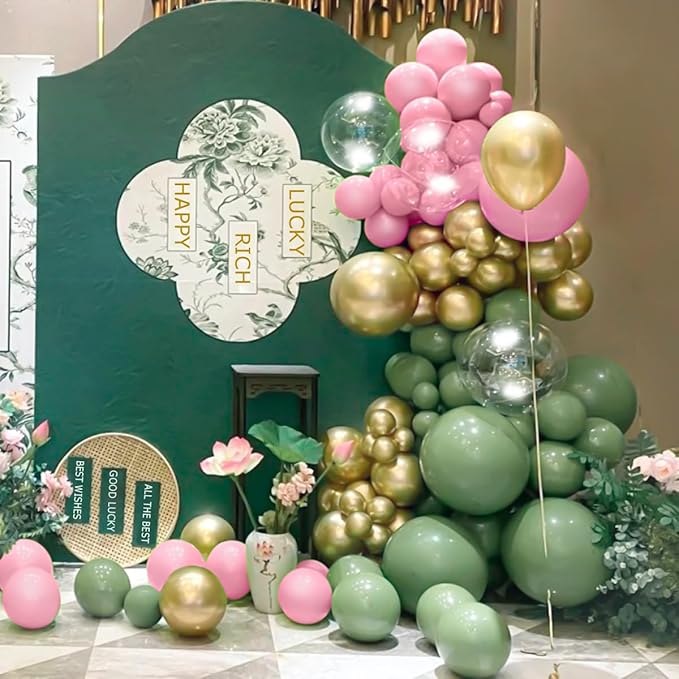 Sage Green Pink Gold Balloon Arch Kit, 141Pcs Sage Green Pastel Pink Chrome Gold Sand White Latex Balloons for Birthday Wedding Baby Shower Gender Reveal Anniversary