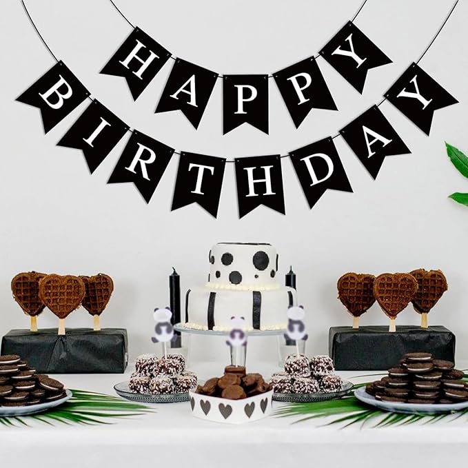 Black Happy Birthday Banner Sign Happy Birthday Bunting Banner Garland for Kids Girl Woman Birthday Tea Party Decorations Bunting Flag Birthday Party Supplies
