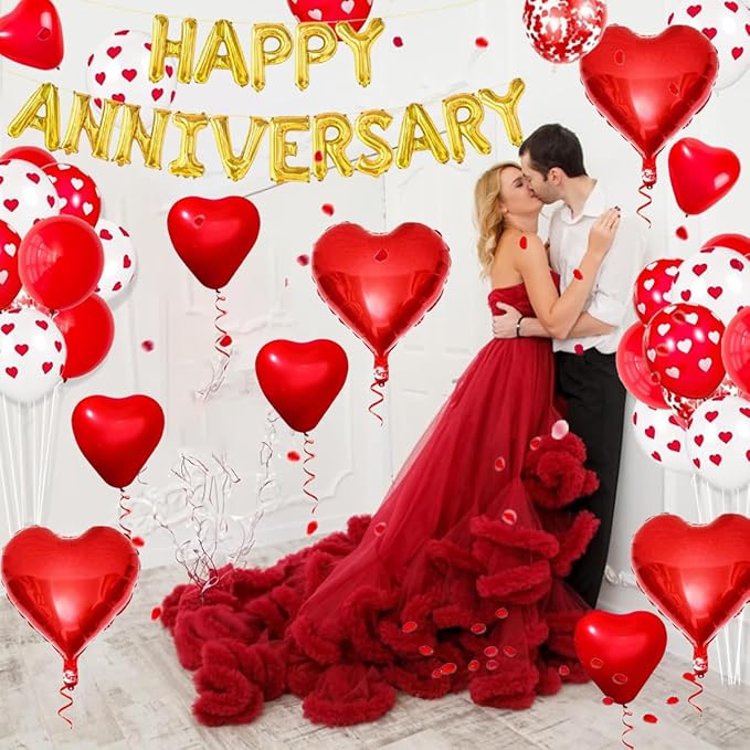Happy Anniversary Decorations - 118PCS Anniversary Party Decorations Kit with 16" Happy Anniversary Letter Balloons 1000PCS Red Silk Rose Petals, Balloon Arch Garland, Red Heart Balloons