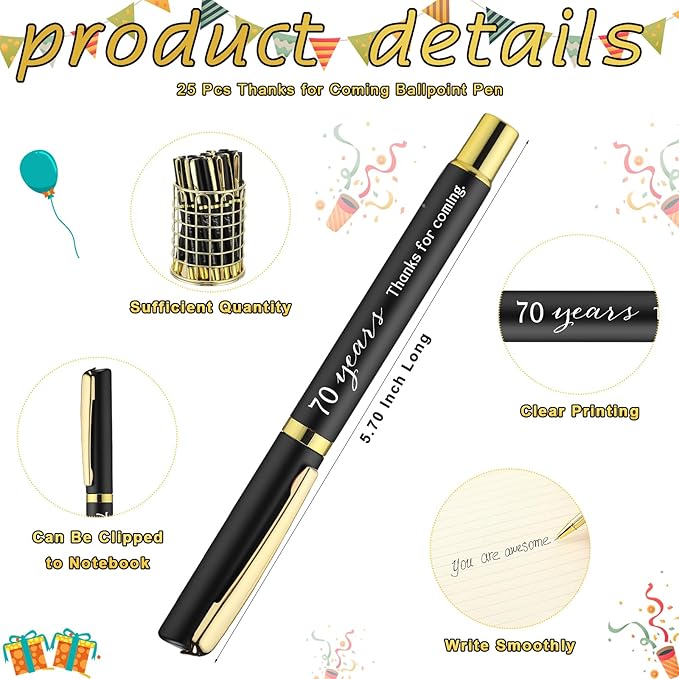 Spakon 25 Set 70th Birthday Party Favor for Guest Anniversary Party Favor Golden Birthday Bookmark Thanks for Coming Pen with Tag Appreciation Gifts for Women Men Wedding New Year