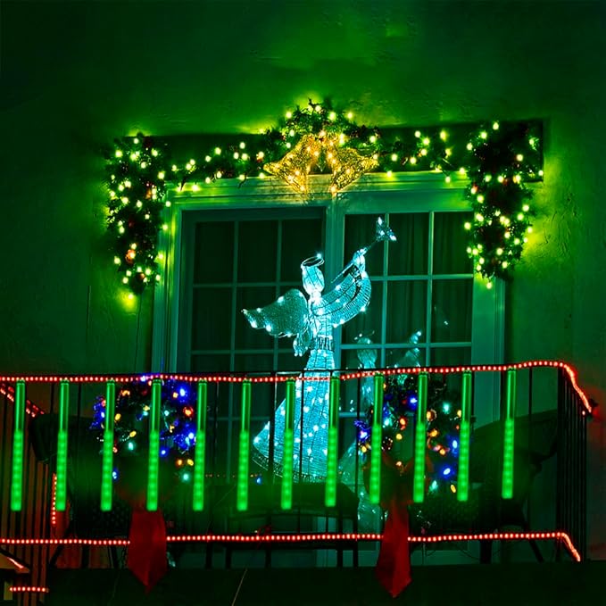Halloween Lights Outdoor, 16 Inch Meteor Shower Lights for Alien Halloween Decorations, St. Patrick's Day Green Icicle Light for Yard Garden Outside Tree Holiday Porch Roof Decor
