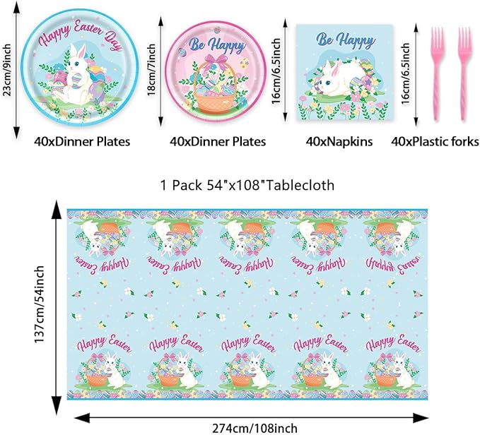 Easter Party Supplies Set, Easter Theme 331 Pieces with Plates, Napkins, Cups, Banner, Balloon, Tablecloth, Flag Swirls and Tableware for 40 Guest Pink and Blue Design for Party