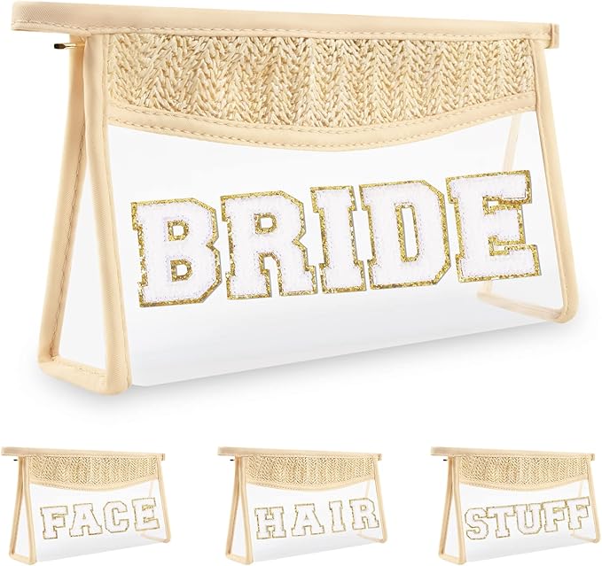 Bride Patch MRS Clear Makeup Letter Bag, Boho Patch Waterproof Zipper Make up Bags Toiletry Pouch for Women Girls, Clear Letter Patch Cosmetic Bags Transparent Organizer Pouch for Travel(Bride, Beige)