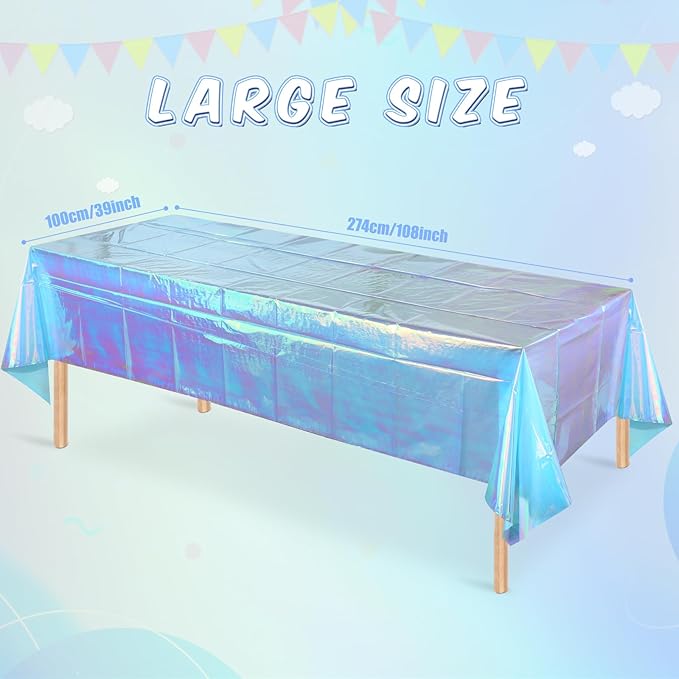 3 Pack Iridescent Blue Plastic Tablecloth, Shiny Blue Disposable Laser Rectangle Table Covers, Blue Holographic Foil Tablecloth Party Decorations for Birthday Bridal Wedding Christmas, 40 x 108 Inch
