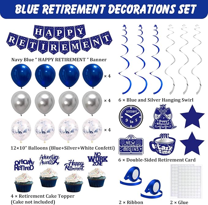 Retirement Party Decorations Blue Silver Happy Retirement Decorations for Men Women, Happy RetIrement Banner, Retired Backdrop, Balloons, Pompoms, Hanging Swirls, Retired Cards, Cake Toppers Set 54pcs