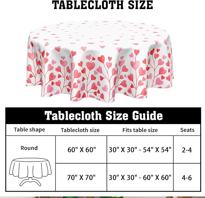 Valentine's Day Round Tablecloth 70 Inch Heart Pattern Circle Table Cloth Pink and White Table Cover Washable Polyester Indoor Decorations for Home Kitchen Dinning Party