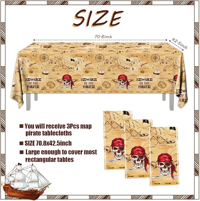 HAKOTI 3Pcs Pirate Tablecloth - Treasure Map Table Cover for Birthday Party Decoration, Navigation and Adventure Supplies - Disposable Beware of the Pirate Theme