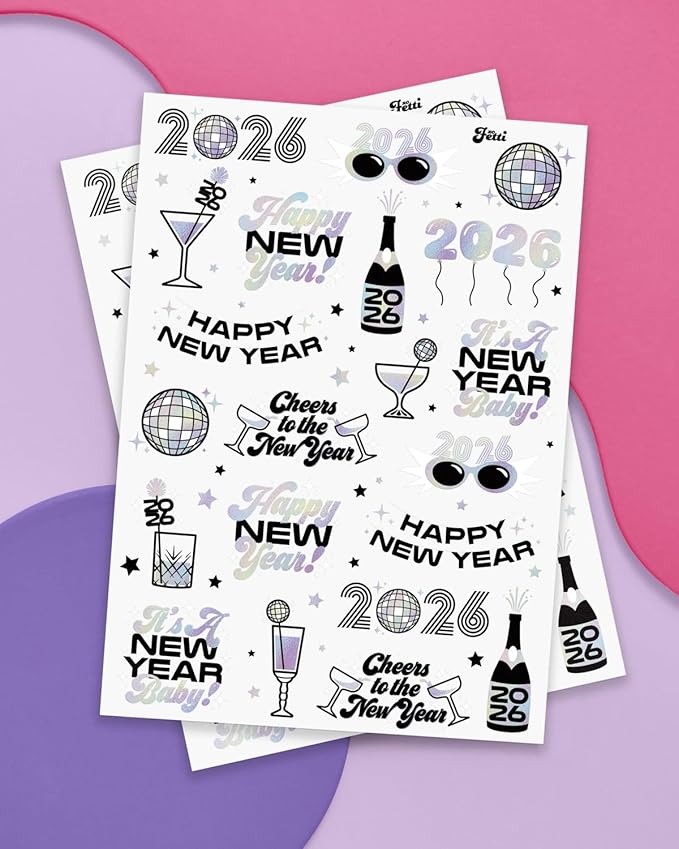 xo, Fetti New Years Eve Party Supplies Tattoos - 42 Foil Styles | Disco NYE Party Favors, Happy New Year Decorations, NYE 2026 Decor