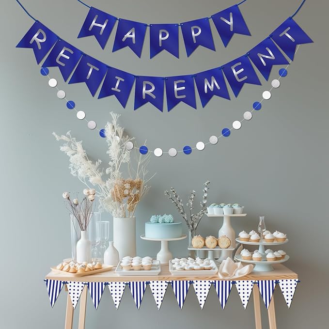 Happy Retirement Banner Assembled GAGAKU Blue and Silver Retirement Party Decorations Supplies Kit Blue White Paper Pennant Banner for Men Women Office Farewell Party