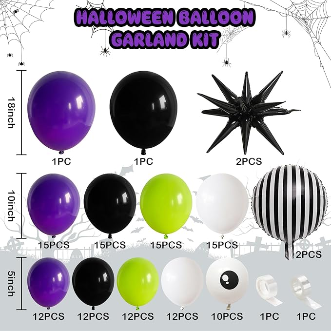 Halloween Balloon Arch Garland Kit, Purple Neon Green Party Decor with Star Spikes & Black and White Stripes Foil Balloons, Black Eyes Green Spooky Balloon for halloween Outdoor Party Decorations